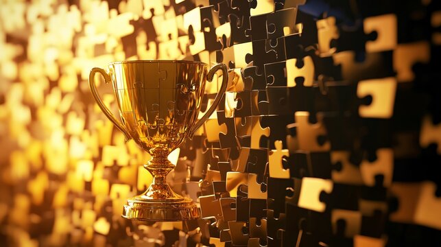 Professional Image of Golden Trophy Award Puzzle Pieces for Success and Achievement