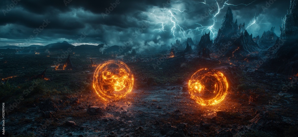 Poster magical powers unleashed in fiery battle fantasy realm digital art dark environment wide angle epic 