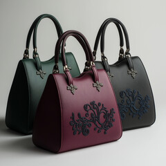 Three elegant handbags in varying colors, adorned with intricate embroidery.