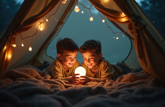 Two smiling kids play in tent decorated with lights, lie on blanket and hold glowing orb at evening. Boys have fun, enjoy adventure games, tell stories. Family time indoors.