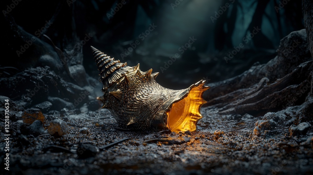 Poster mysterious golden conch shell discovery enchanted forest photography fantasy environment close-up vi
