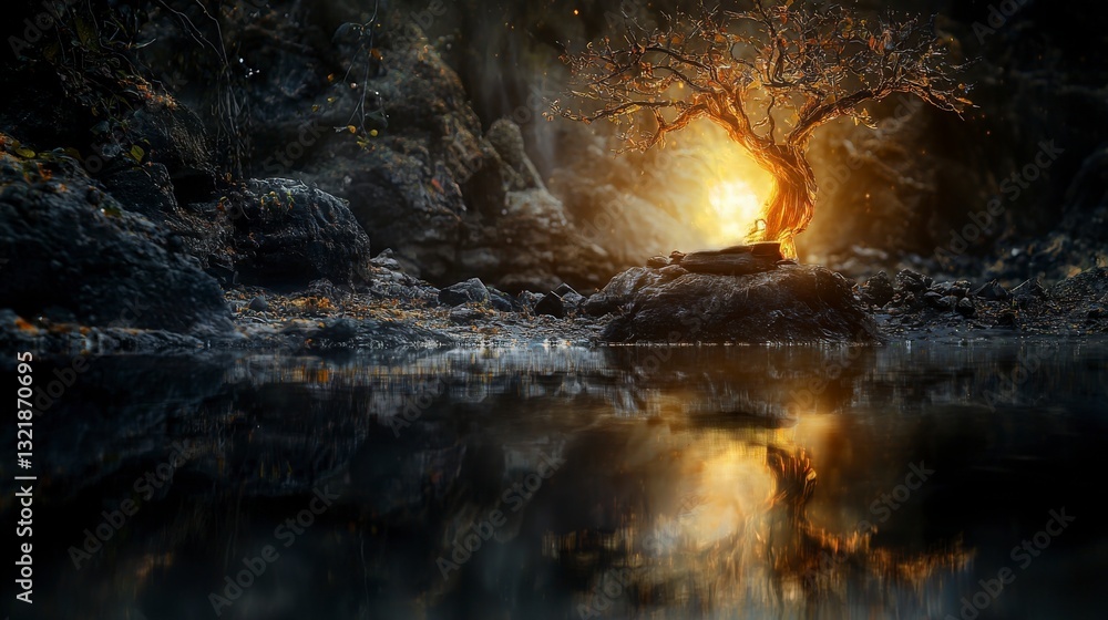 Poster tranquil scene of glowing tree enchanted forest digital art mystical setting serene viewpoint for se