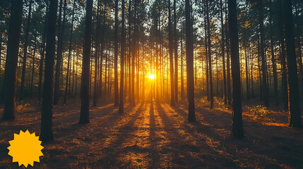 Obraz premium Sunset in a Pine Forest: Golden Light and Shadows