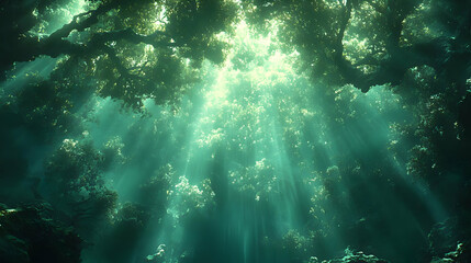 Obraz premium Underwater Sunlight Rays Illuminating Green Ocean Depths