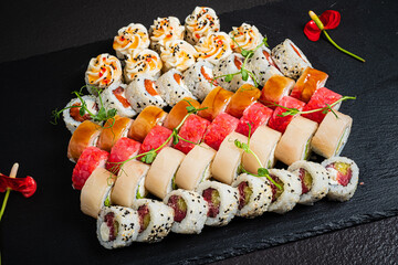 An elegant array of sushi rolls showcasing diverse flavors and ingredients