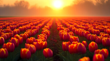 Vibrant Red And Orange Tulips Field At Sunrise