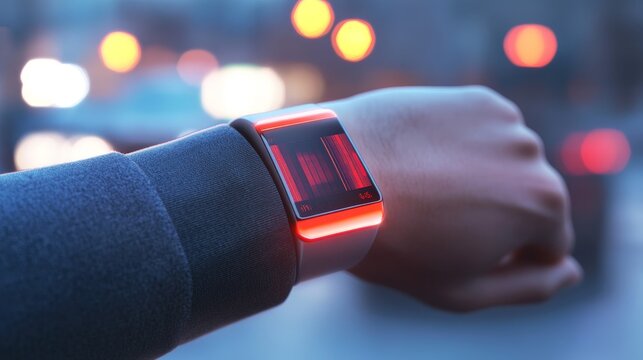 Futuristic smartwatch displaying vibrant data on wrist against a blurred urban backdrop at dusk