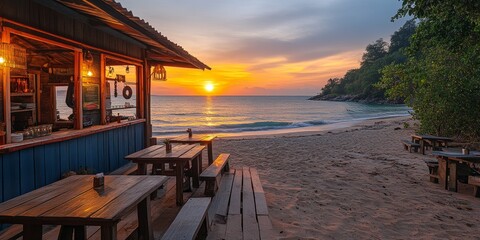 Dine in paradise tropical beachside restaurant with wooden tables stunning views and high fidelity ambiance