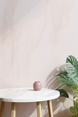 White marble table and tropical plant on plain wall background