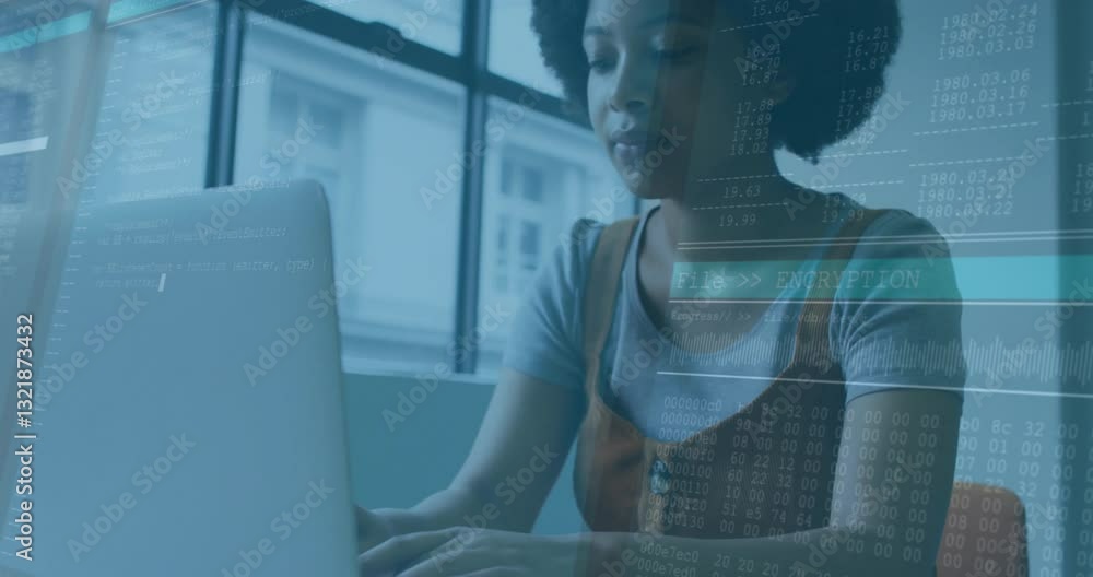 Poster working on laptop, person with data encryption animation overlay in school