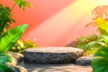 Empty rock podium platform for product displaying with tropical leaves and water on orange background