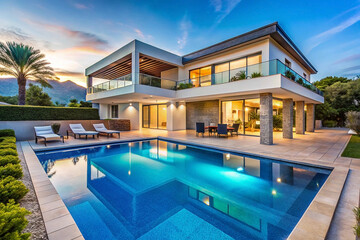 Modern luxury villa with infinity pool, breathtaking mountain views