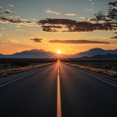 Fototapeta premium Sunset over a long, straight highway.