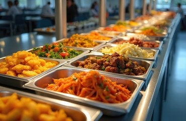 Various dishes served in modern school canteen. Food catering assortment includes fresh salads, cooked meat, carrot noodles, roasted potatoes. Selection, self-service, prepared fast tasty eatery.