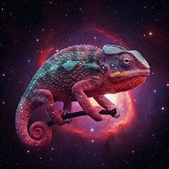 Cosmic chameleon perched on a branch