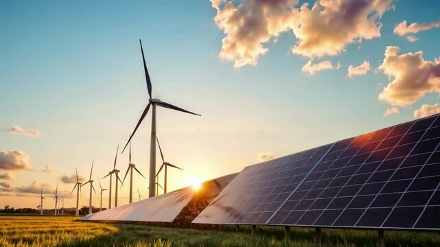 Renewable energy installation with solar panel array and wind turbines in green field under blue sky. Clean power generation technology combining photovoltaic systems and for sustainable electricity