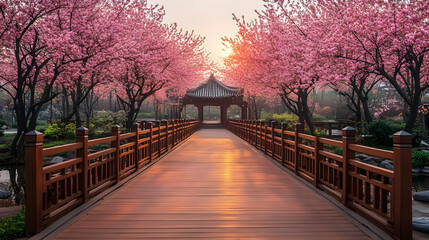 Obraz premium Wooden Bridge Pathway Through Cherry Blossom Trees at Sunrise
