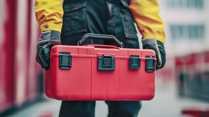 Fototapeta premium Worker carries red toolbox wearing work clothes.
