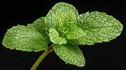Vibrant Green Mint Leaves Close Up Against Black Background