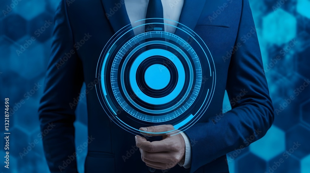 Poster illuminated target icon floating in businessman's hand representing goal-setting and business succes