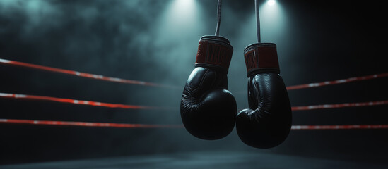 Gloves of Champions: A pair of worn boxing gloves hangs inside an empty ring under dramatic stage lighting, symbolizing past battles, preparation, and the anticipation of the next round.