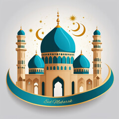 illustrative mosque image with the typography of Eid Mubarak