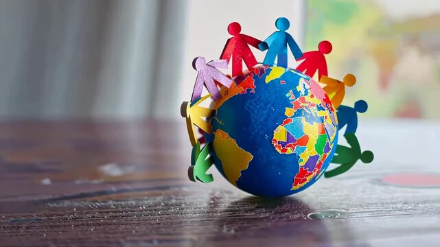 Colorful paper figures encircle a globe in unity, symbolizing global solidarity on Friendship Day