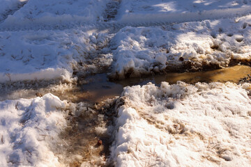 Deep, muddy tire ruts in the snow
