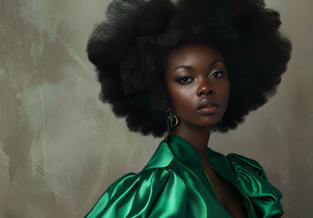 Elegancka kobieta w zielonej satynowej sukni z naturalnymi włosami afro – portret z klasą i modowym wyrazem
