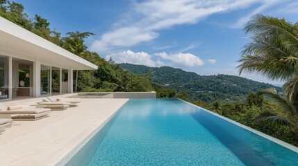 A large pool with a white house in the background. The pool is surrounded by a white deck and is filled with water. The house is located on a hill