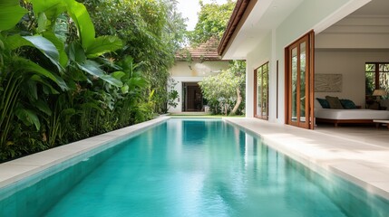 Fototapeta premium A large pool with a white house in the background. The pool is surrounded by a lush green garden