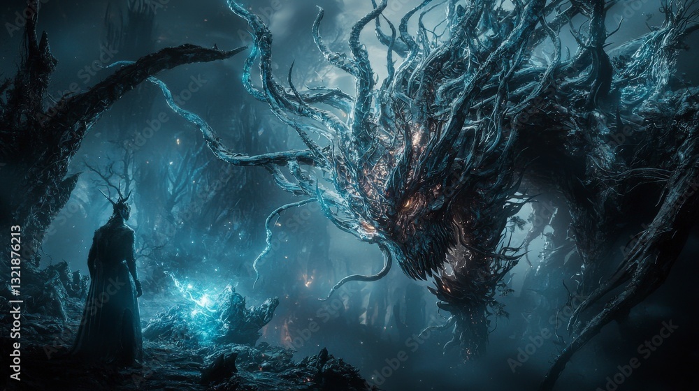 Poster epic confrontation with a mythical beast enchanted forest fantasy art dark atmosphere dramatic persp