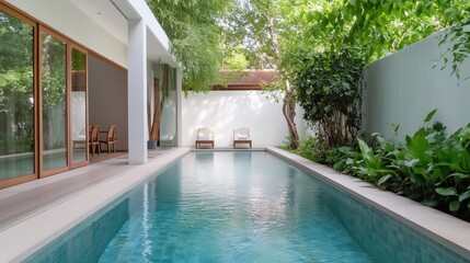 A large pool with a white wall and a white fence. The pool is surrounded by trees and has a patio area with chairs and a dining table