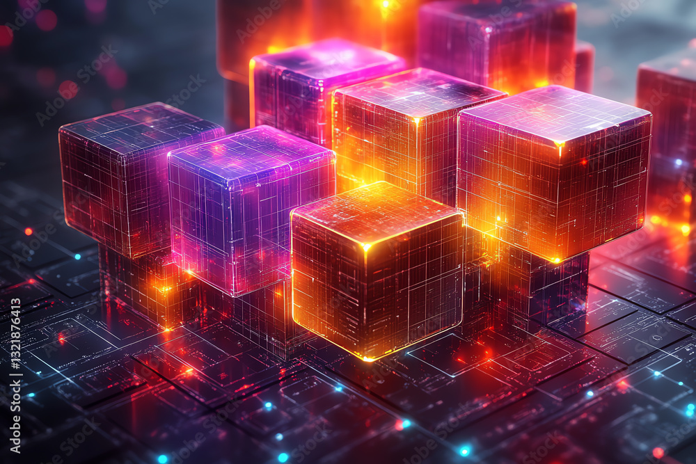 Poster A futuristic digital scene featuring glowing cubes interconnected in a vibrant grid, symbolizing innovation and technology in the digital age.