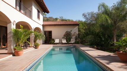 Fototapeta premium A large pool with a white house in the background. The pool is surrounded by trees and has a patio area with chairs
