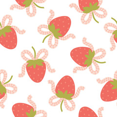 Flirty strawberry tied with a cute bow in a checkered pattern. Vector seamless pattern. Hand-drawn kids cartoon illustration for textiles, baby clothes, scrapbooking.