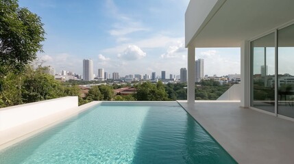 Fototapeta premium A pool with a city view in the background. The pool is surrounded by trees and has a white fence