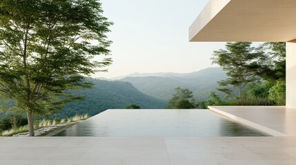 A large pool with a tree in the background. The pool is surrounded by a white deck. The view of the mountains in the background creates a serene and peaceful atmosphere