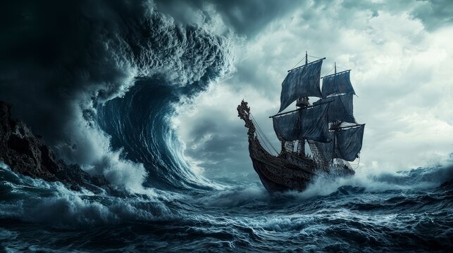 Epic sea voyage stormy ocean digital artwork dramatic environment wide angle adventure theme