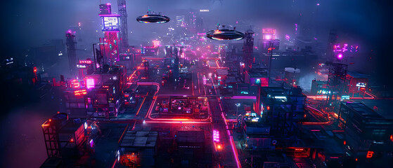 Fototapeta premium Pixel Art Futuristic Cityscape At Night With Flying Vehicles And Vibrant Purple And Red Lighting