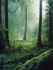 Obraz premium Sunbeams pierce a lush, green forest, illuminating the mossy undergrowth.
