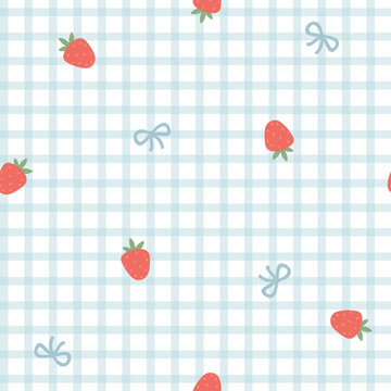 Fototapeta Preppy flirty strawberry with bow in frame seamless pattern on a cell background. Vector cute cartoon hand-drawn illustration. Tartan check for textile, baby clothes, wallpaper, scrubbing.