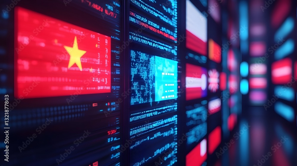 Poster stylized futuristic flags on virtual led panel representing international unity in modern digital wo