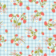 Preppy flirty strawberry with bow and flower in frame seamless pattern on a cell background. Vector cute cartoon hand-drawn illustration. Tartan check for textile, baby clothes, wallpaper, scrubbing.