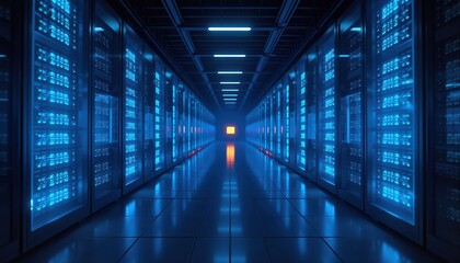 Fototapeta premium Modern data center server room with blue neon lighting for cloud computing and big data storage concept
