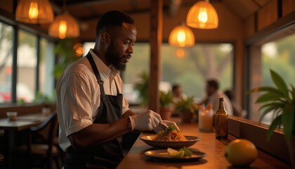 Adult man adjusting pasta dish presentation in restaurant, Food service