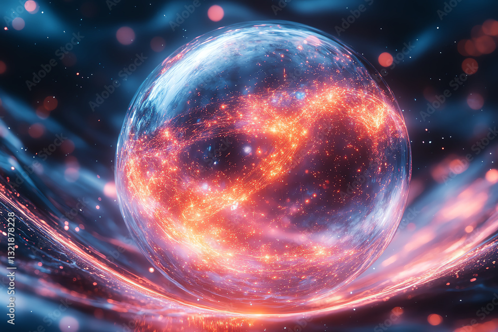 Aufkleber a mesmerizing depiction of a glowing orb filled with vibrant star-like patterns, surrounded by swirl