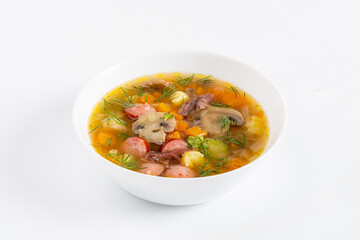 Steaming bowl of vegetable and meat soup boasts vibrant colors and aromatic herbs, inviting warmth