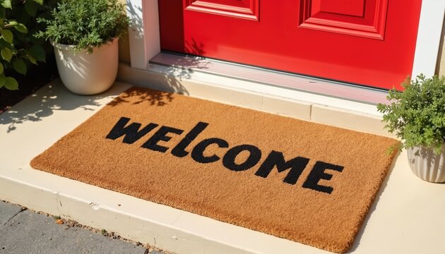 Stylish doormat with Welcome text on red door background, cute potted plant, home entrance. Black bold letters, house decor. Porch entranceway with greeting mat, invitation to home.