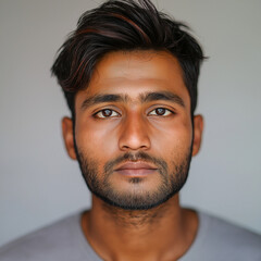 Fototapeta premium Portrait of a young South Asian man with dark hair and a serious expression.